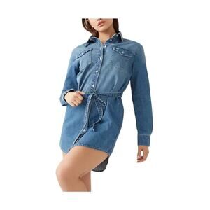 True Religion Jasmine Denim Shirt Dress | Western Belted Button-Up Mini | Size S